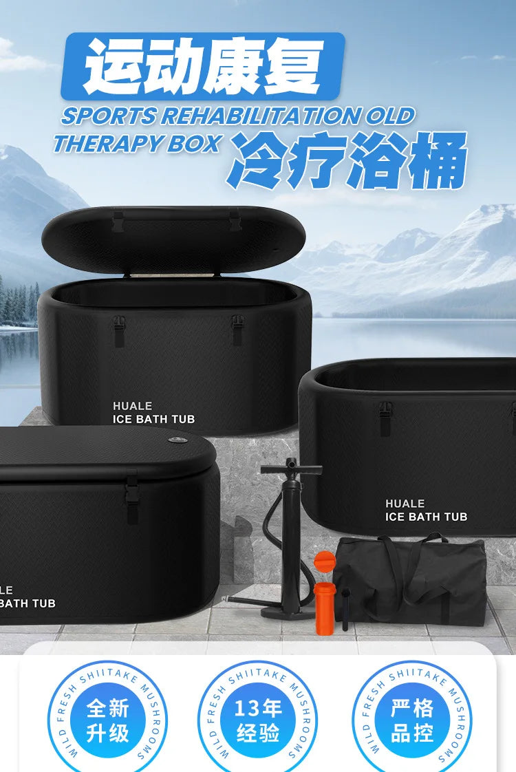 Three black Huale ice bath tubs with pump, container, and bag against a snowy mountain backdrop.