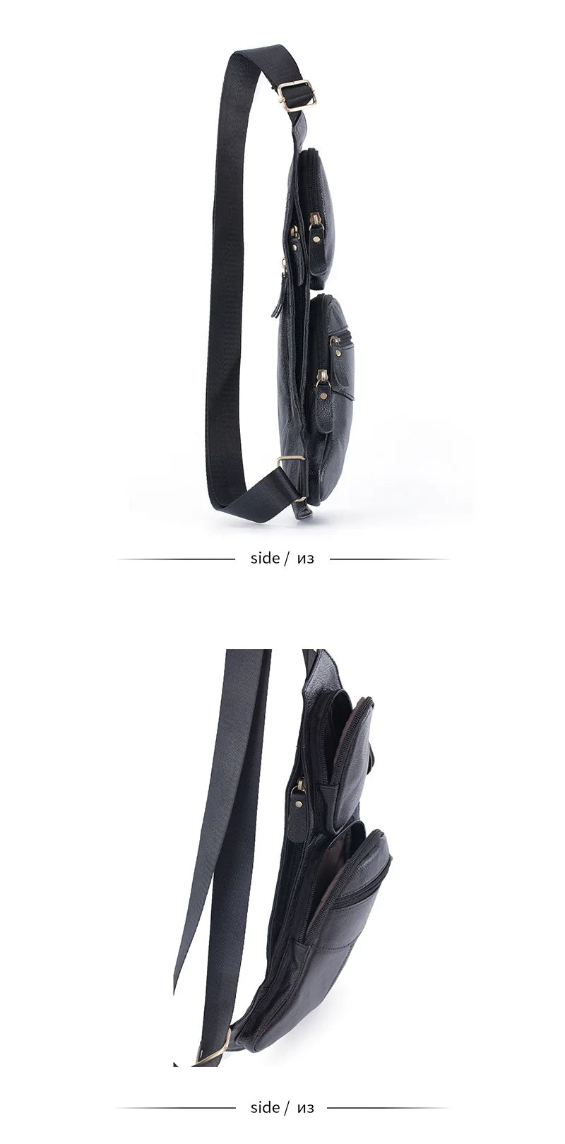 Side view of a black men's crossbody sling bag with multiple zip compartments and an adjustable shoulder strap.