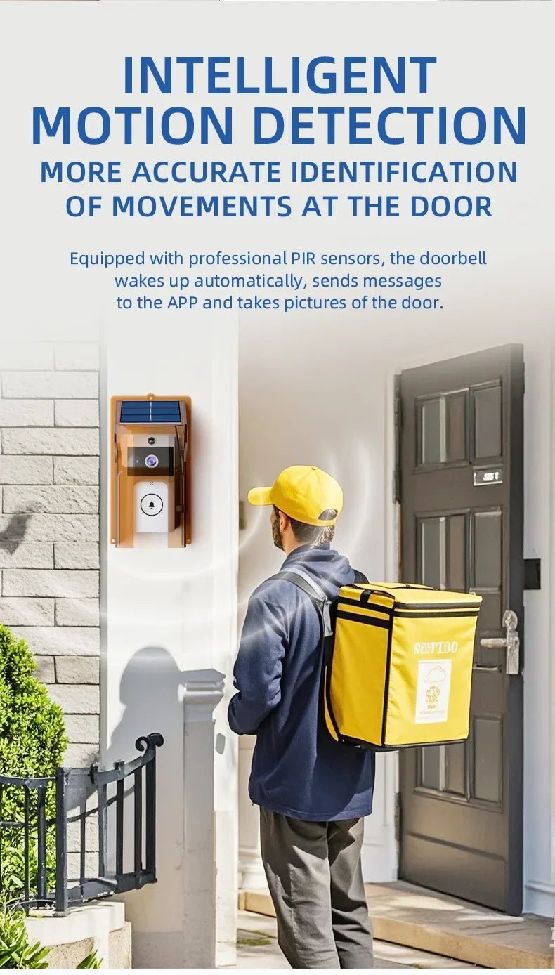 Sleek white wireless video doorbell with integrated solar panel, mounted on a wall and detecting a delivery person.