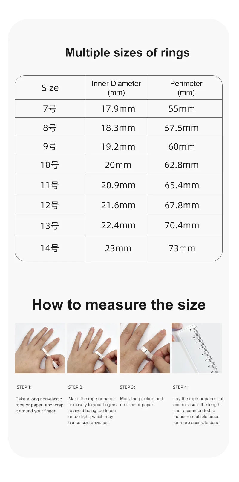 Sizing chart and 4-step measurement guide for the waterproof smart health and sleep fitness tracker ring.