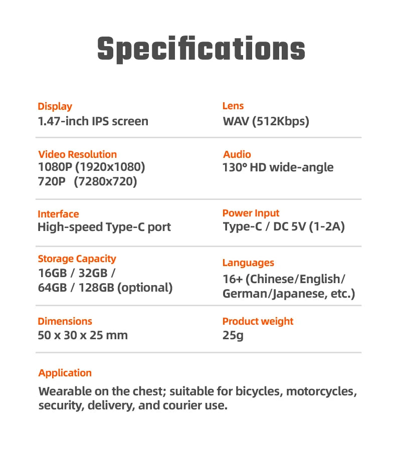 Technical specification list for a wearable 1080p body camera with a 1.47-inch IPS screen and Type-C interface.