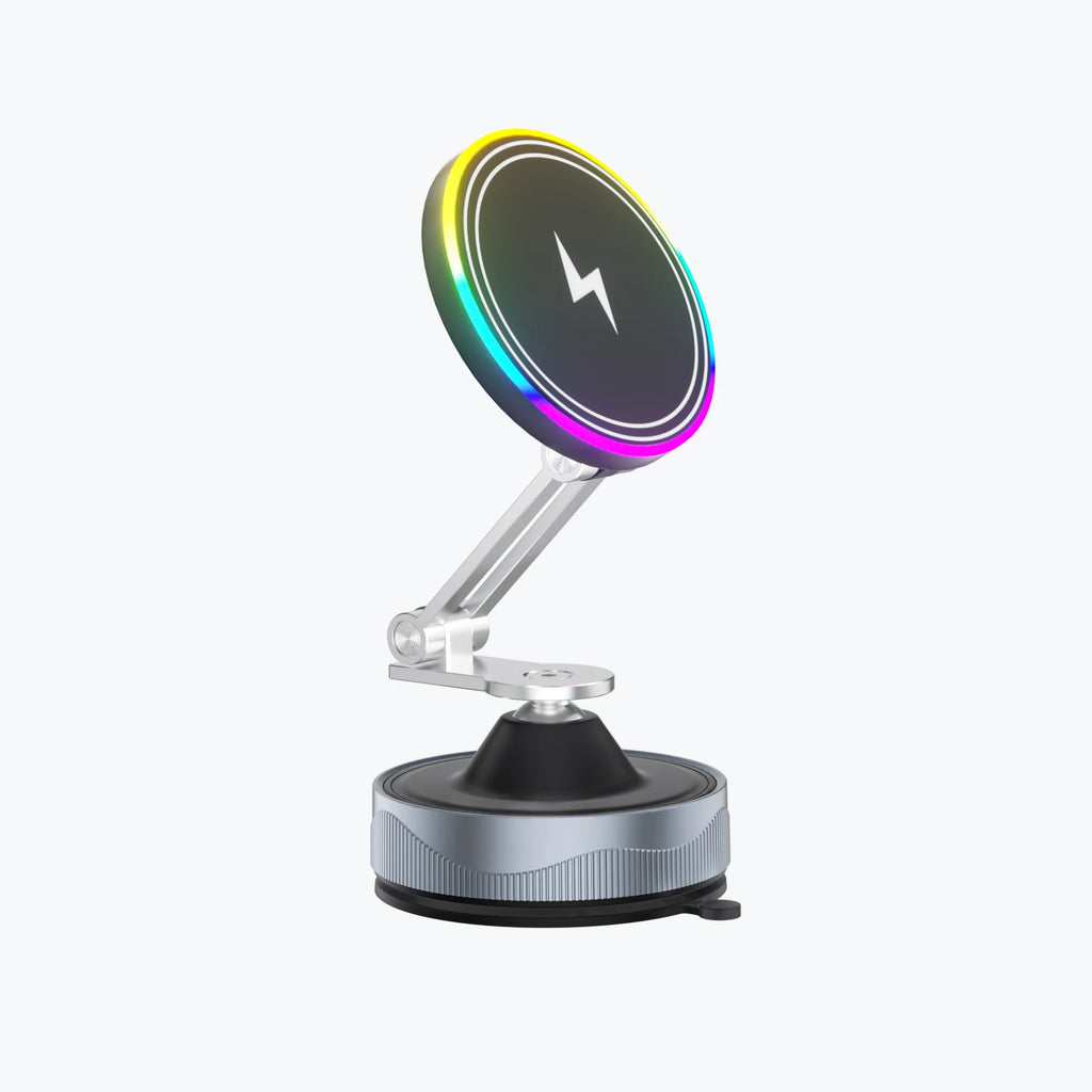 Silver magnetic phone stand with an adjustable arm and a circular charging head featuring an RGB light ring.