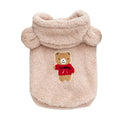 Soft beige fleece dog hoodie with hood, short sleeves, and a cute teddy bear patch on the back.