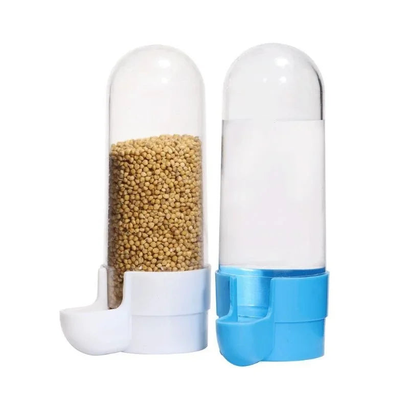 Two clear plastic bird feeders with white and blue bases, one filled with birdseed, the other with water.