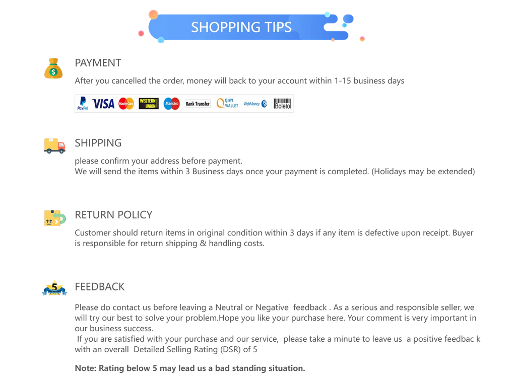 Informational graphic on black background detailing shopping tips for payment, shipping, returns, and feedback.