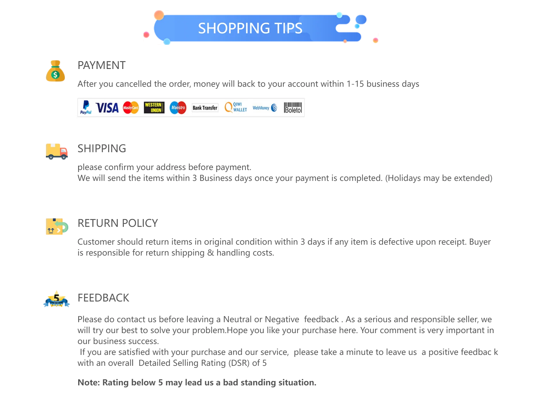 Informational graphic on black background detailing shopping tips for payment, shipping, returns, and feedback.