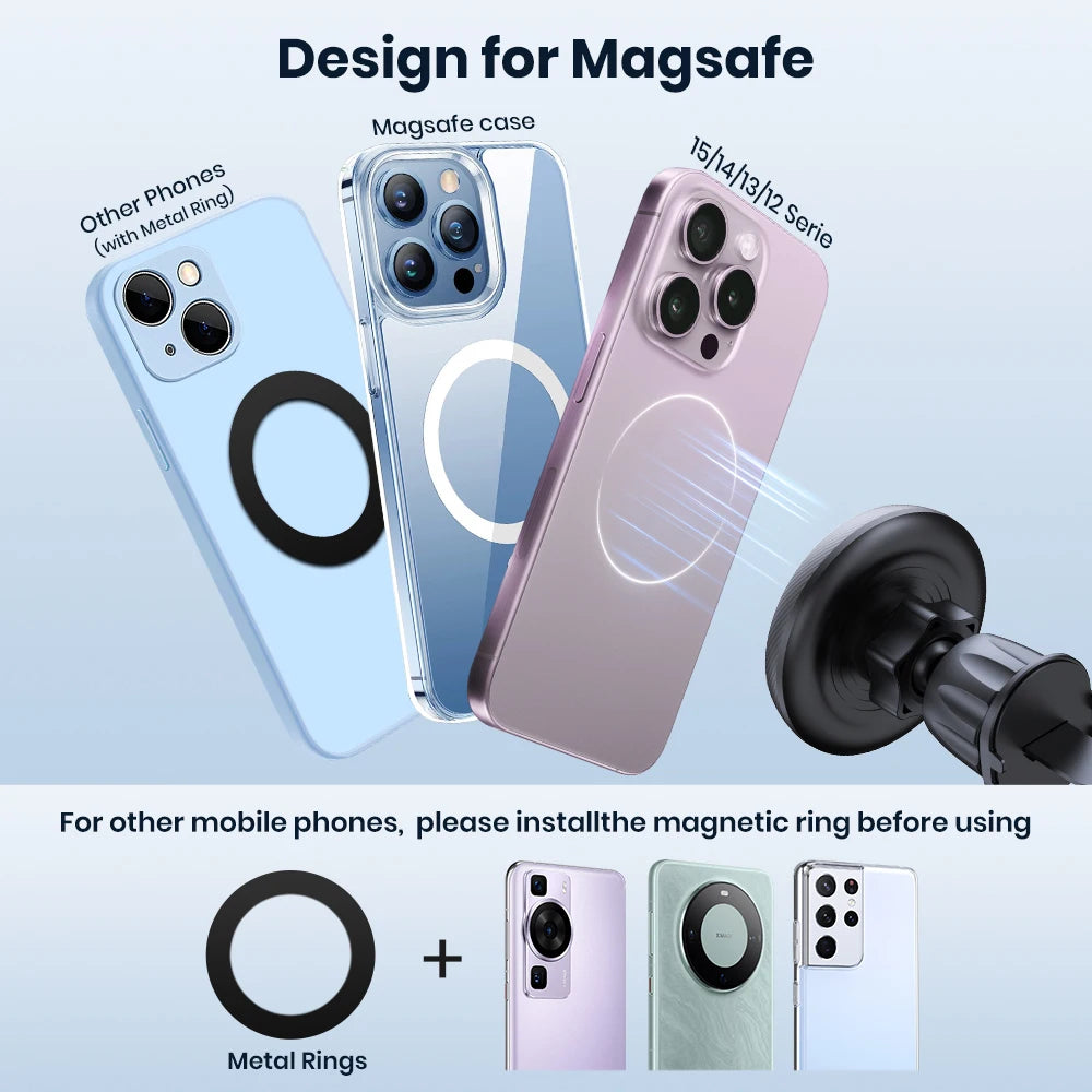 Magnetic phone cases and adhesive metal rings for various smartphone models, shown in blue, clear, and pink designs.