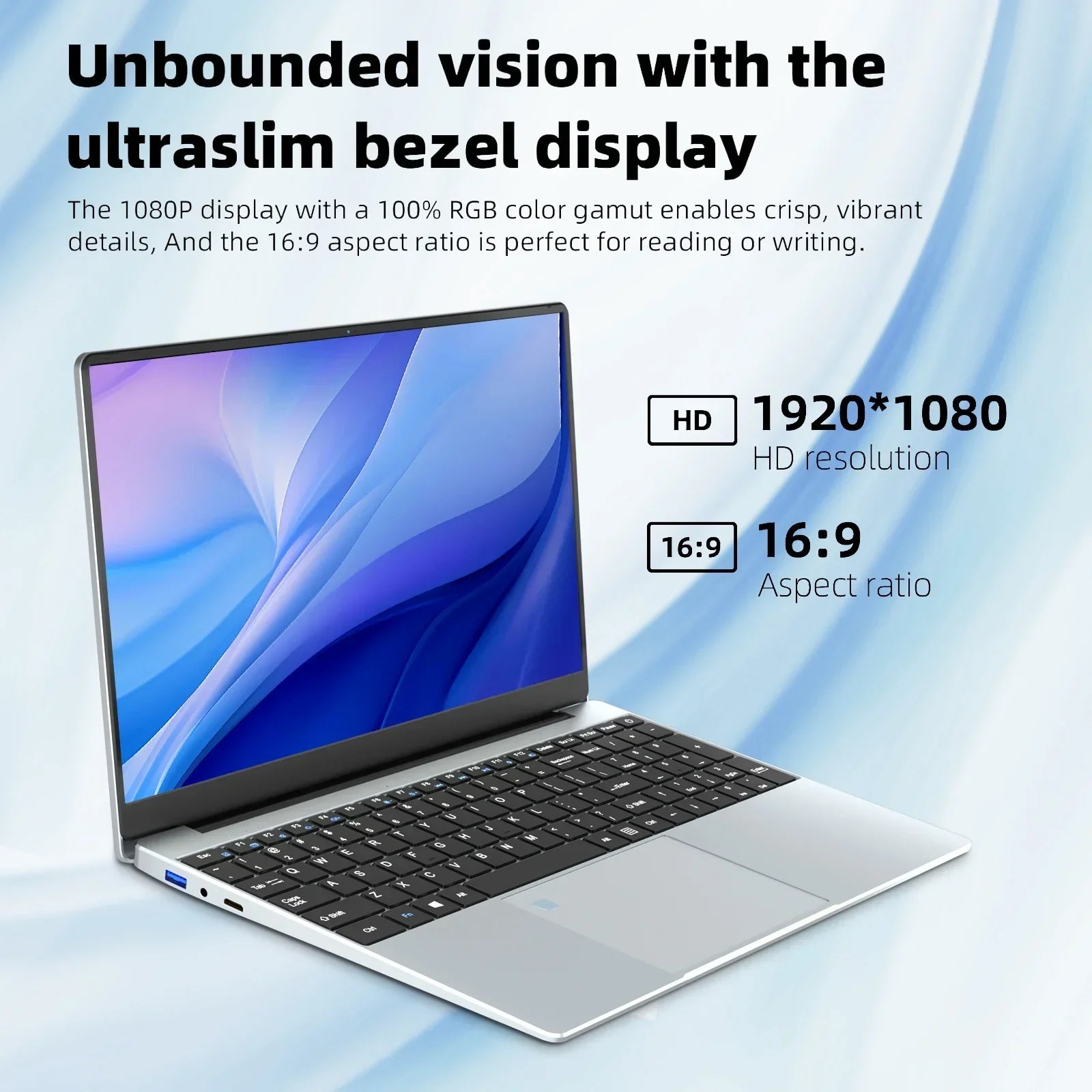 Silver 15.6-inch laptop with a slim-bezel 1080p display, black keyboard, and large trackpad on a blue background.