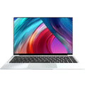 Slim 14.1-inch silver laptop with thin bezels, black keyboard, and a vibrant abstract colourful desktop wallpaper.