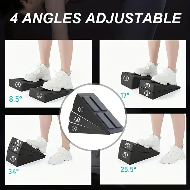 Black adjustable slant boards for exercise, shown in four different configurations with numbered wedge pieces.