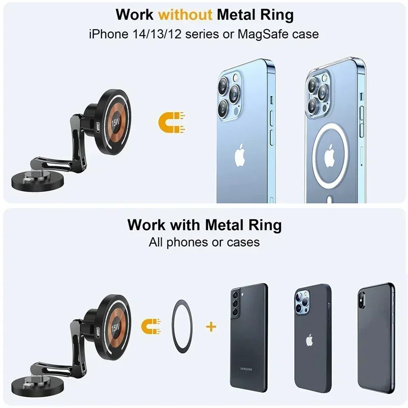 Black adjustable magnetic phone mount with charging pad, shown compatible with various phones and metal rings.