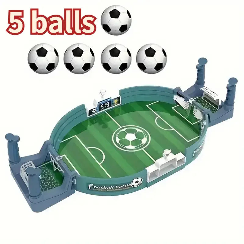Tabletop football game in grey and green with a digital scoreboard, two nets, and five included mini soccer balls.