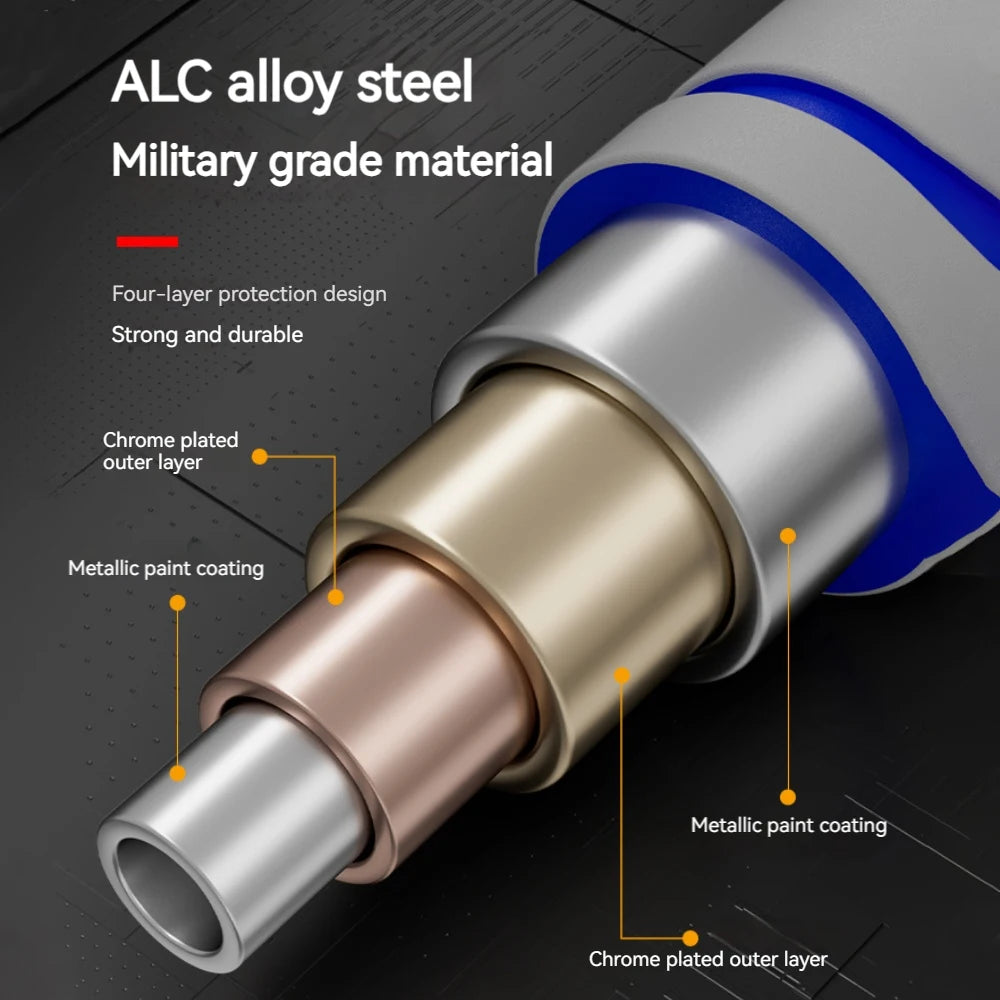 A cutaway diagram showing the four-layer construction of a durable silver and bronze alloy steel cable.