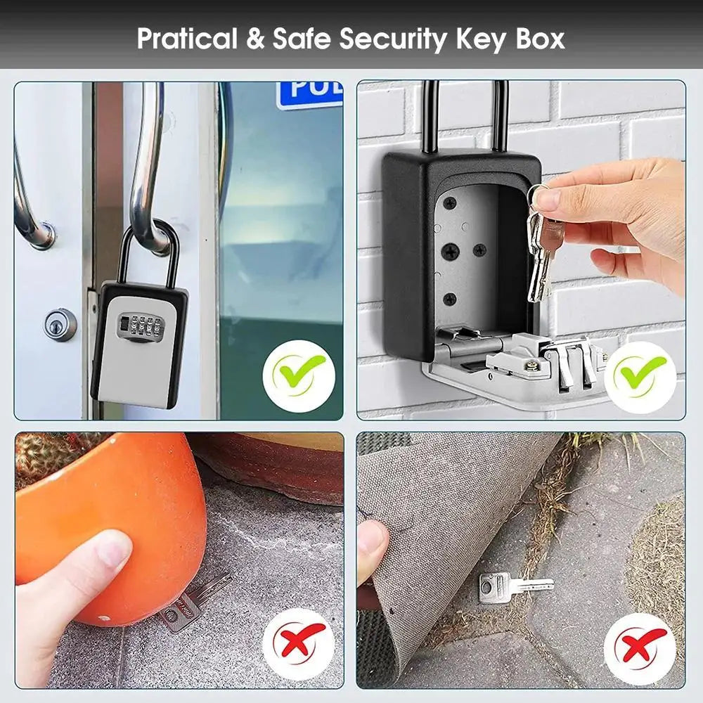 Black and silver combination lock key box with a shackle, shown hanging on a door and wall.