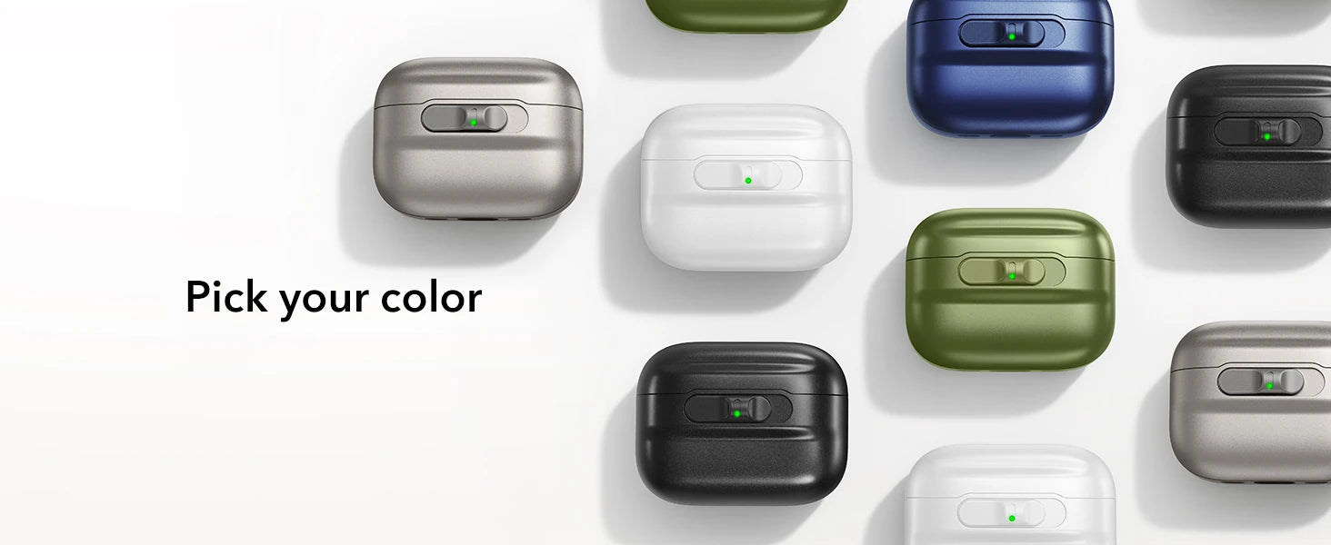 A collection of metallic and matte hard-shell cases for AirPods Pro in various colours on a white background.