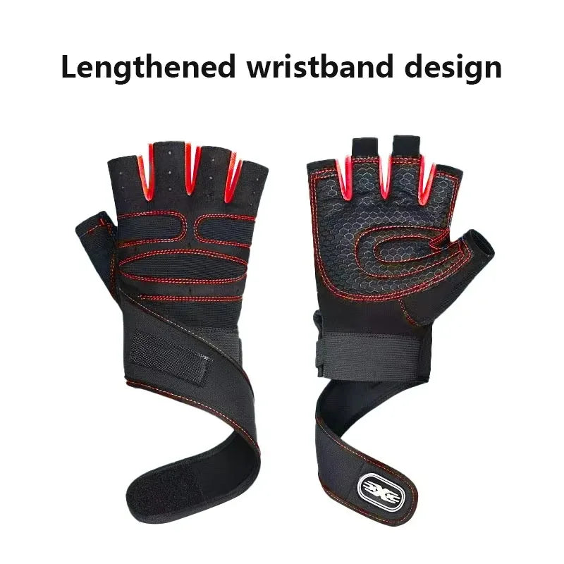 Black and red fingerless gym gloves with textured palms and lengthened, adjustable wrist support straps.