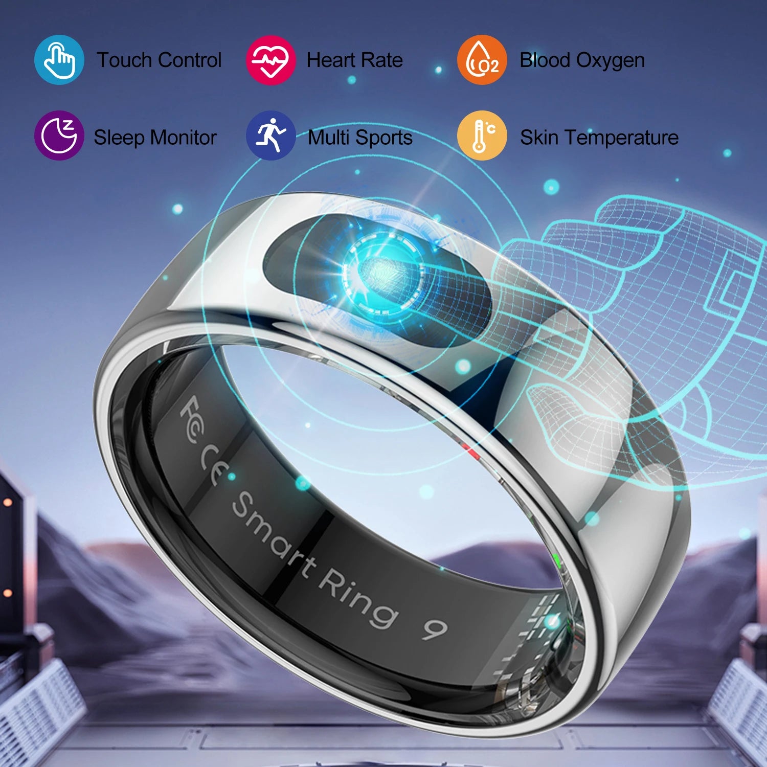 Sleek silver smart health ring with icons for heart rate, sleep, blood oxygen, temperature, and touch control features.