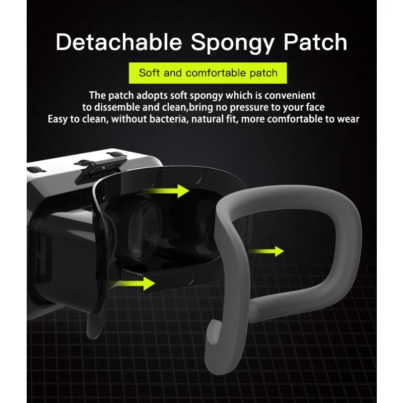 Black and white smartphone VR headset with a soft, grey, detachable spongy face cushion for comfort and easy cleaning.