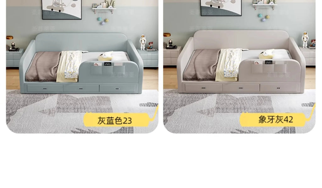 Modern upholstered daybeds in blue-grey and light beige, featuring built-in storage drawers and side storage pockets.