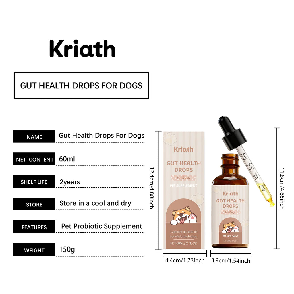 60ml amber glass bottle of dog gut health probiotic drops with a dropper, shown with matching beige packaging.