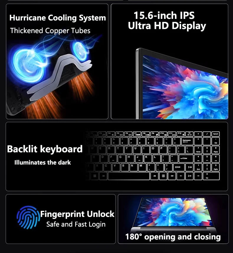 A 15.6" laptop featuring a high-res display, cooling system, backlit keyboard, fingerprint unlock, and 180° hinge.