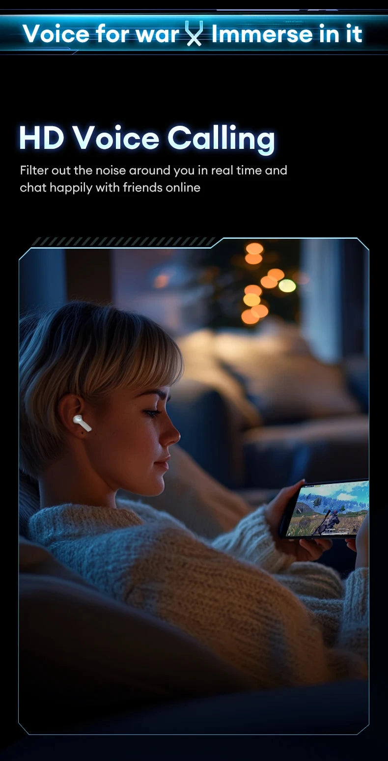 Person using sleek white wireless earbuds while playing a mobile game in a dimly lit, cozy setting.