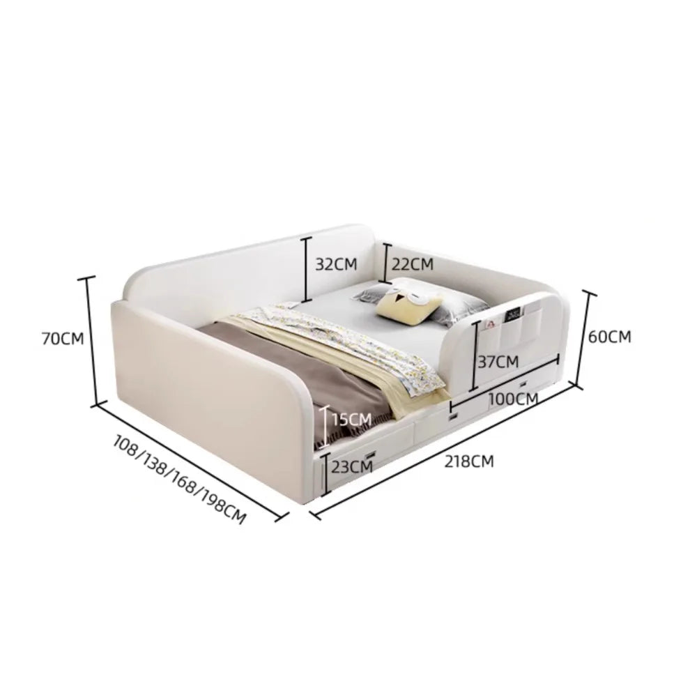 Modern cream upholstered storage bed with safety sides and integrated base drawers, shown with detailed measurements.