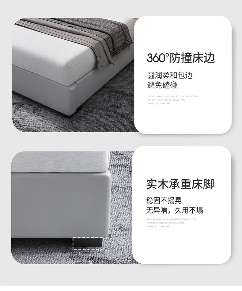 Minimalist king size bed frame in light grey, featuring rounded, soft-touch edges and sturdy black wooden feet.