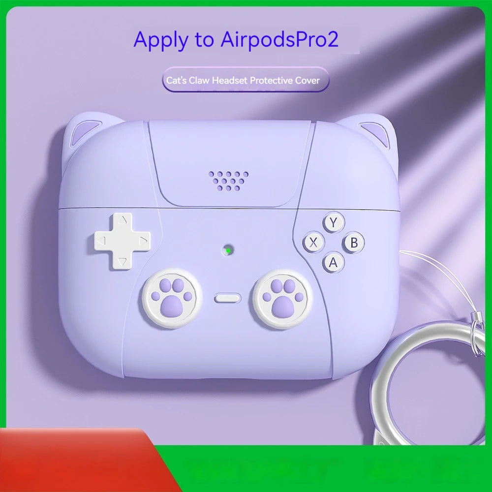 Lavender silicone protective case for AirPods Pro 2, featuring a playful cat paw and games controller design.