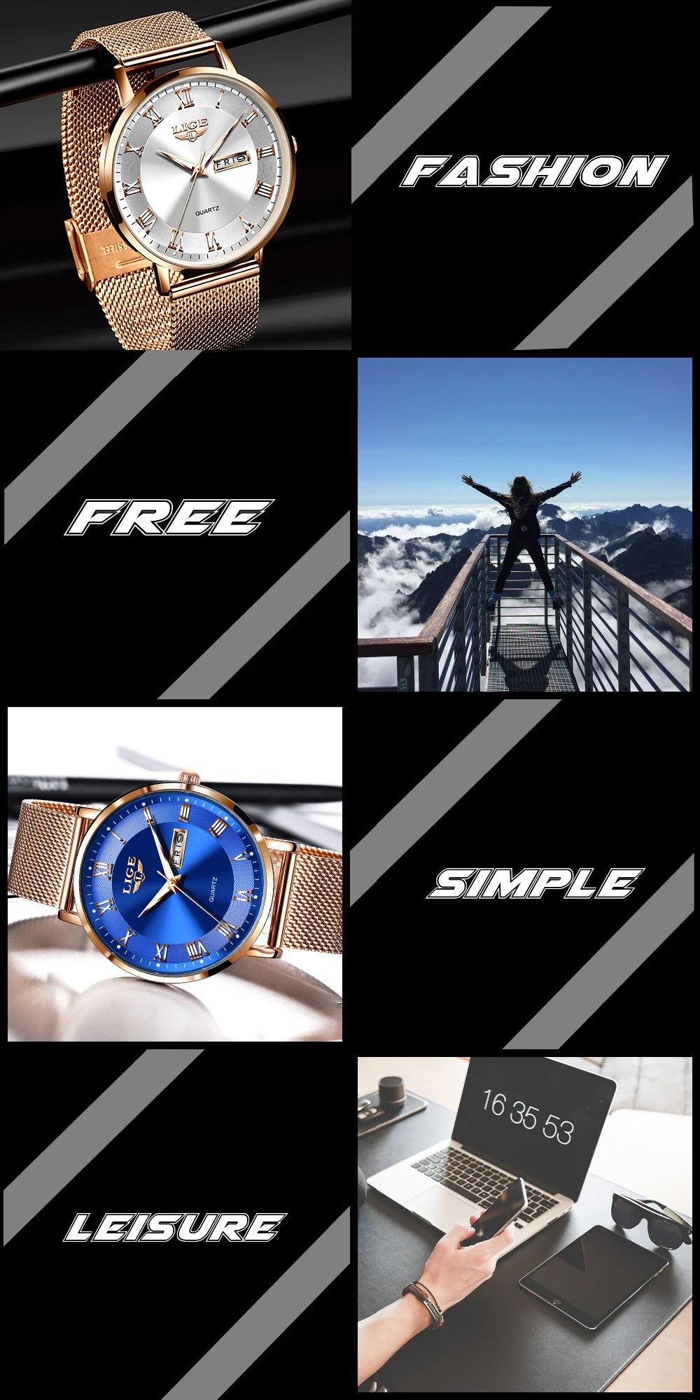 Women's elegant quartz watches with rose gold mesh straps and silver or blue faces featuring day-date displays.