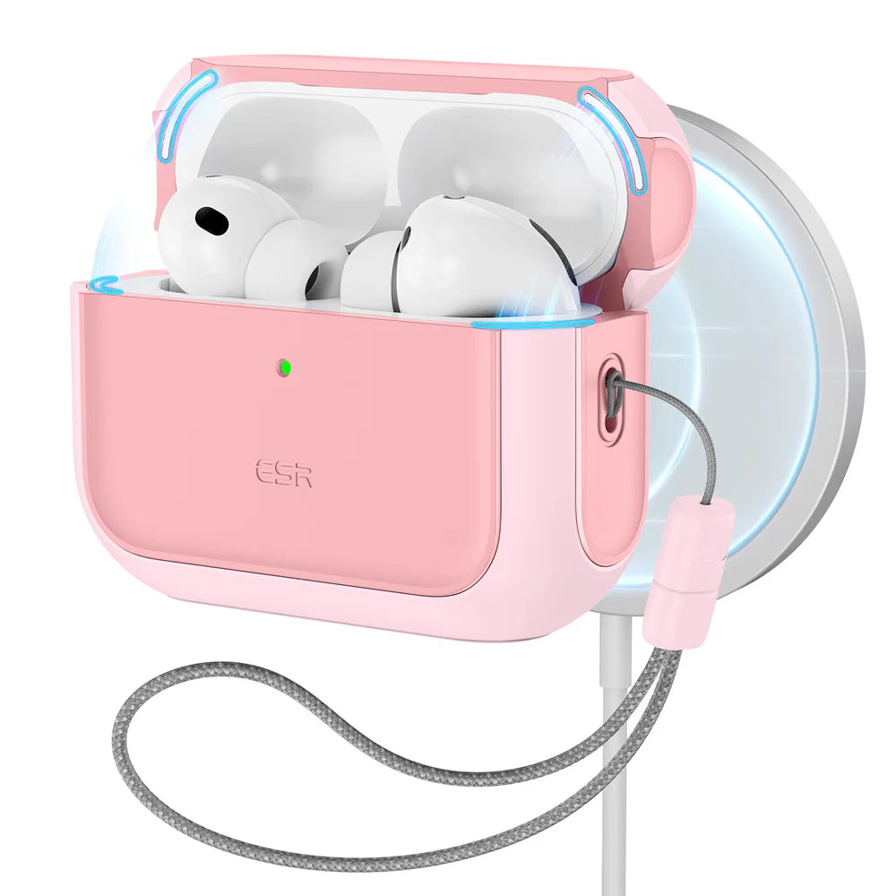 ESR pink silicone protective case for AirPods Pro, featuring a wrist lanyard and wireless charging capability.