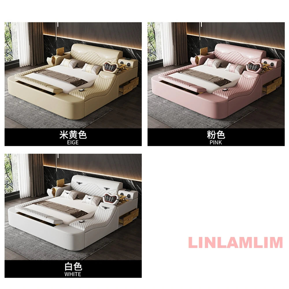 Luxury leather bed with integrated storage, LED lighting, and side tables, shown in cream, pink, and white options.