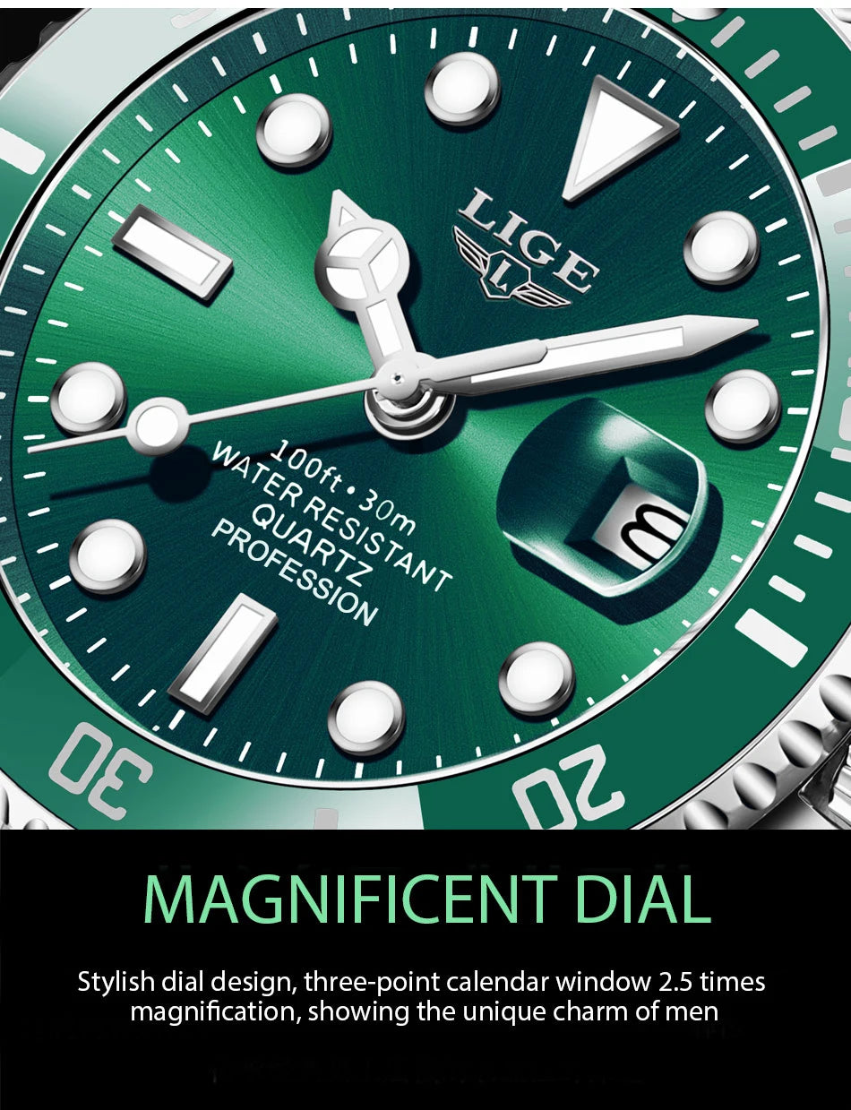 Close-up of a men’s green quartz wristwatch with a stainless steel case and a magnified date window.