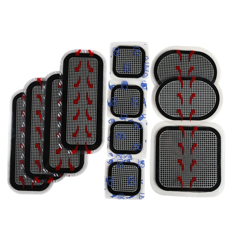 A set of black and white adhesive gel pads for an abdominal muscle stimulator, featuring grid patterns and red arrows.