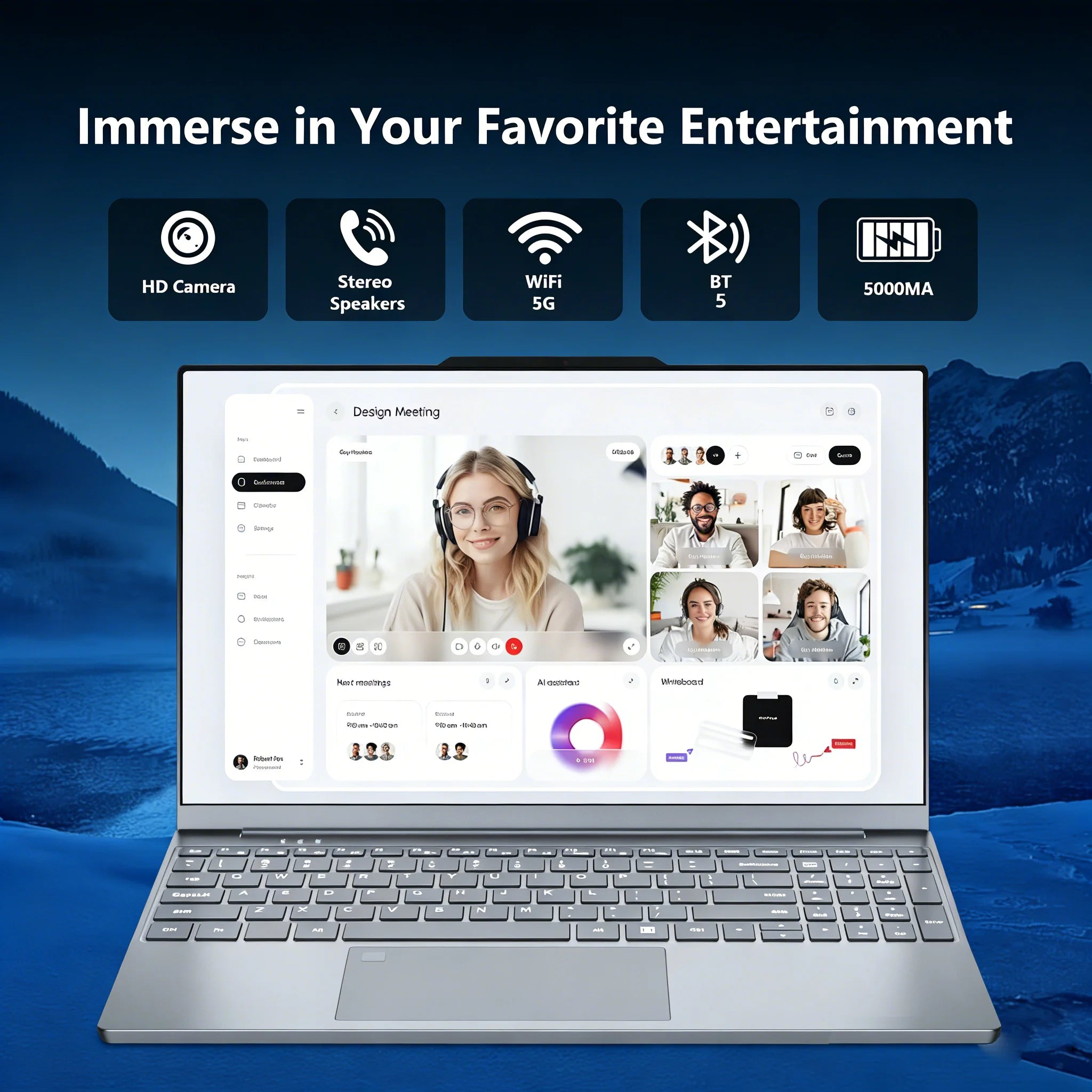 Sleek silver 15.6-inch laptop with a bright, clear display showing a video conference interface.