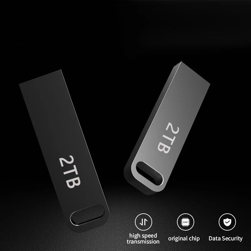 Two sleek, black 2TB portable USB flash drives shown against a dark background, highlighting high-speed performance.