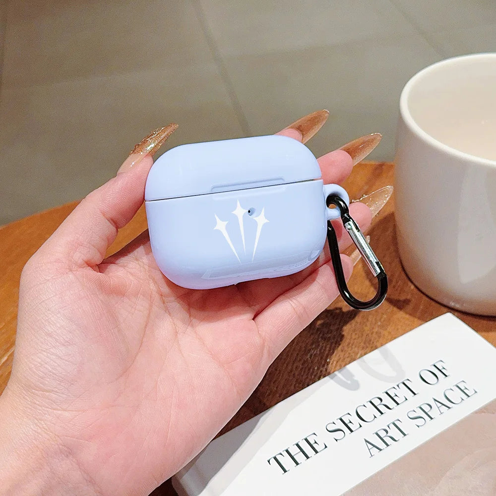 Light blue silicone case for AirPods Pro, featuring a white star icon and black carabiner clip.