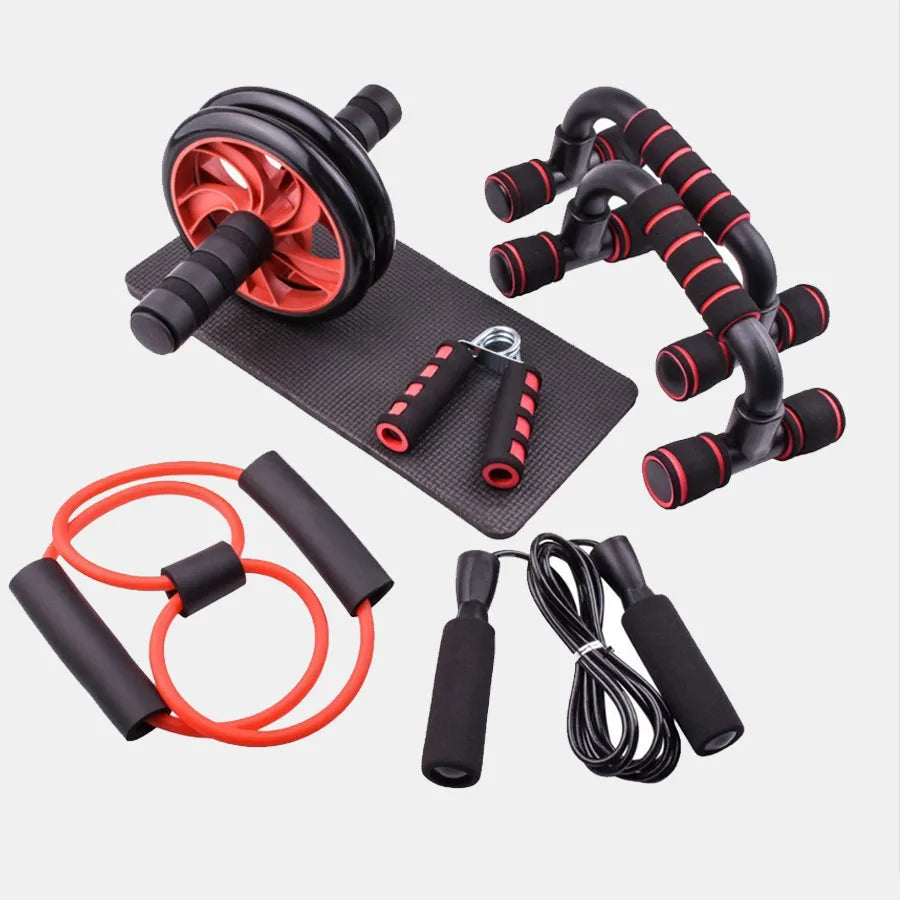 7-piece home fitness set featuring black and red ab wheel, push-up bars, resistance band, hand grip and skipping rope.
