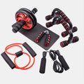 7-piece home fitness set featuring black and red ab wheel, push-up bars, resistance band, hand grip and skipping rope.