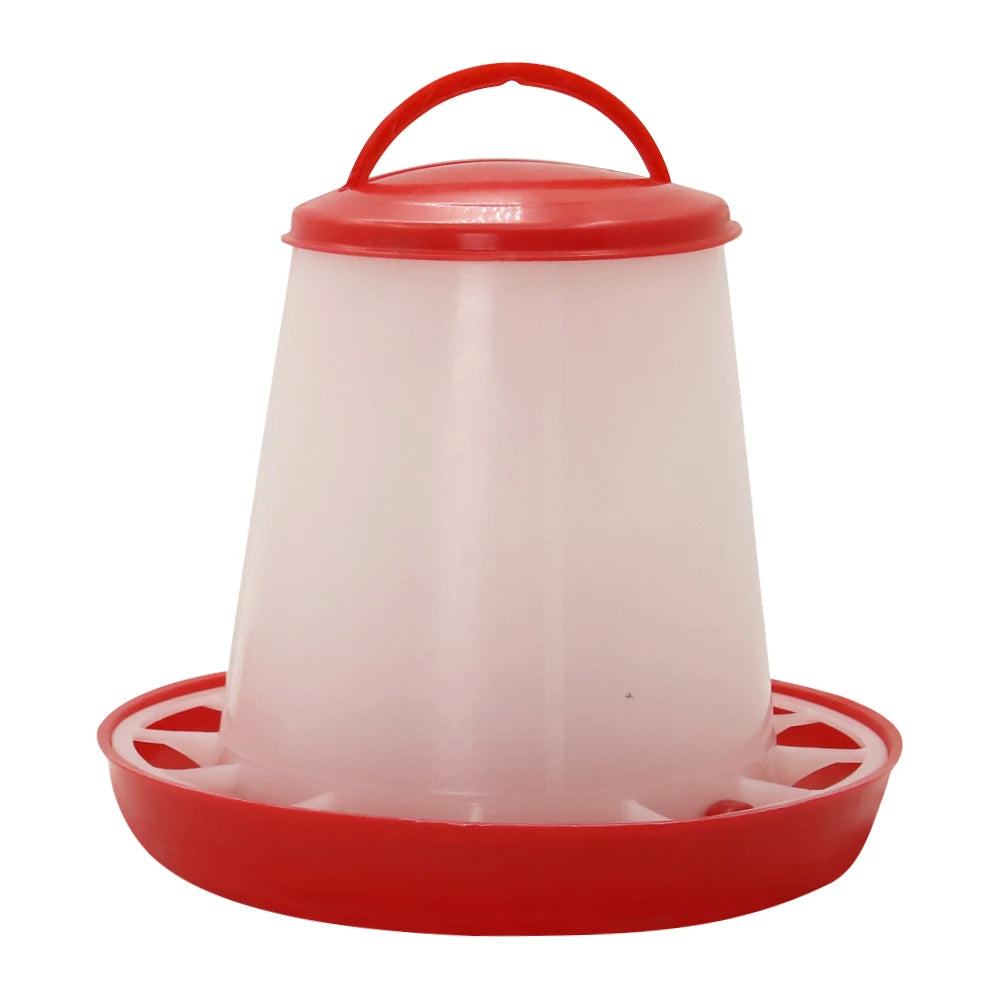 A red and white plastic chicken waterer or feeder with a carrying handle, isolated on a white background.