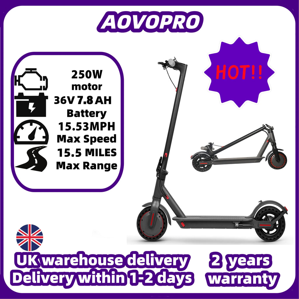 AOVOPRO black adult electric scooter with 8.5-inch wheels, red accents, and a foldable frame design.