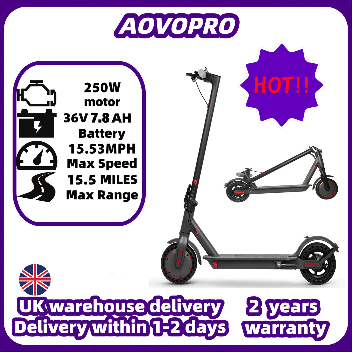 AOVOPRO black adult electric scooter with 8.5-inch wheels, red accents, and a foldable frame design.