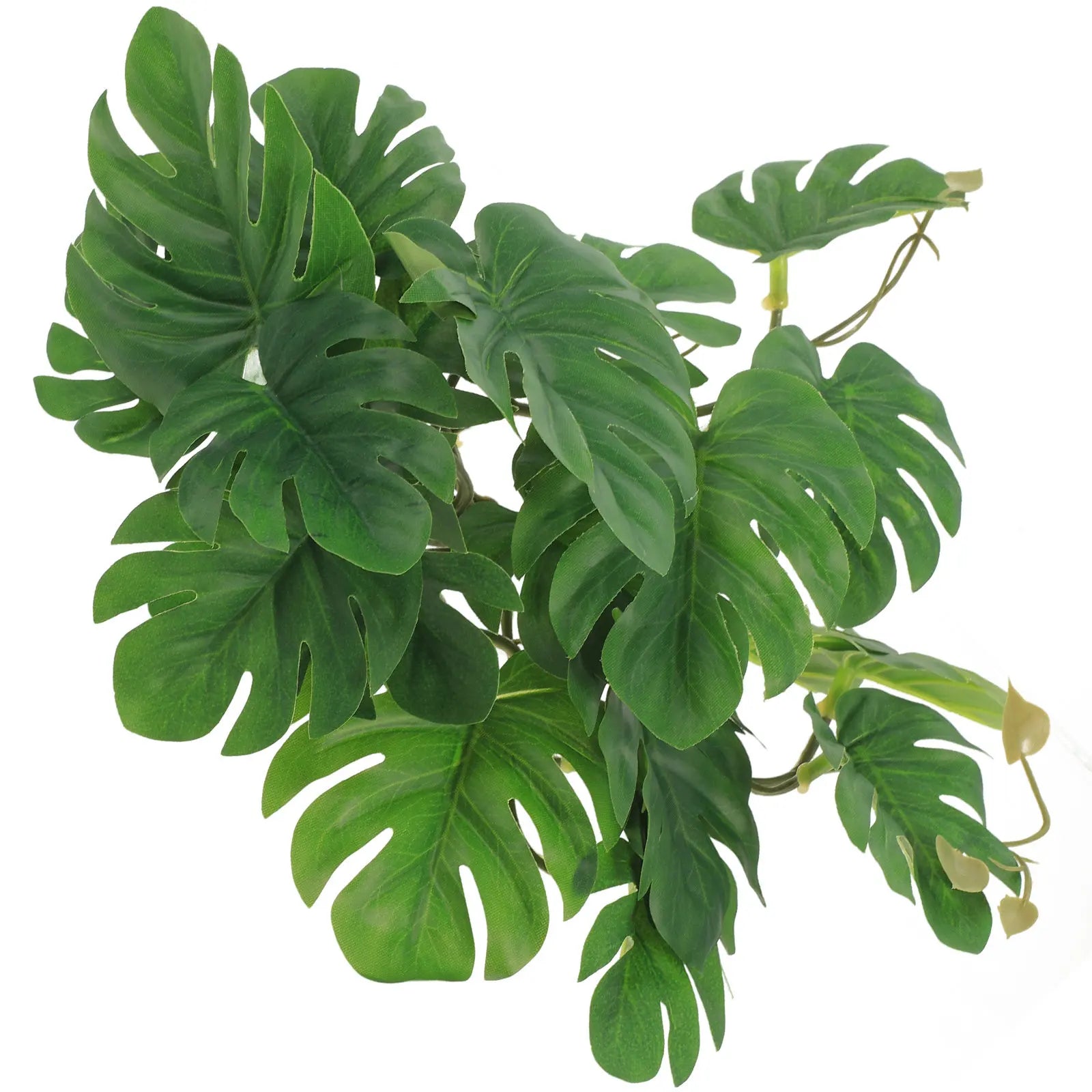 Artificial monstera plant with deep green, split-leaf foliage, designed for terrariums or aquarium decoration.