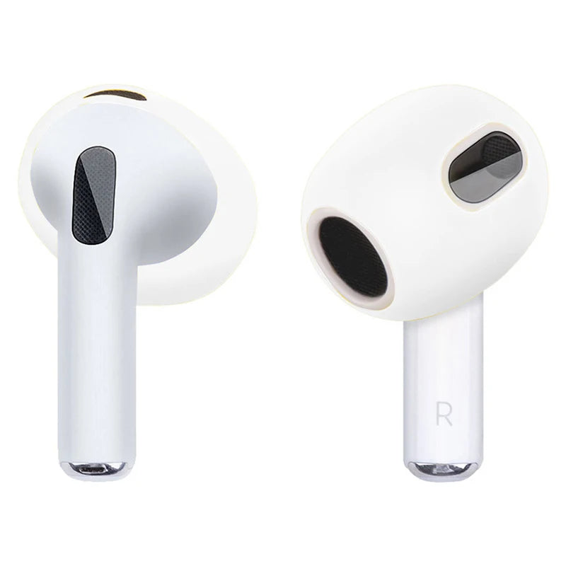 White silicone protective covers for Apple AirPods 3, designed for a snug fit.