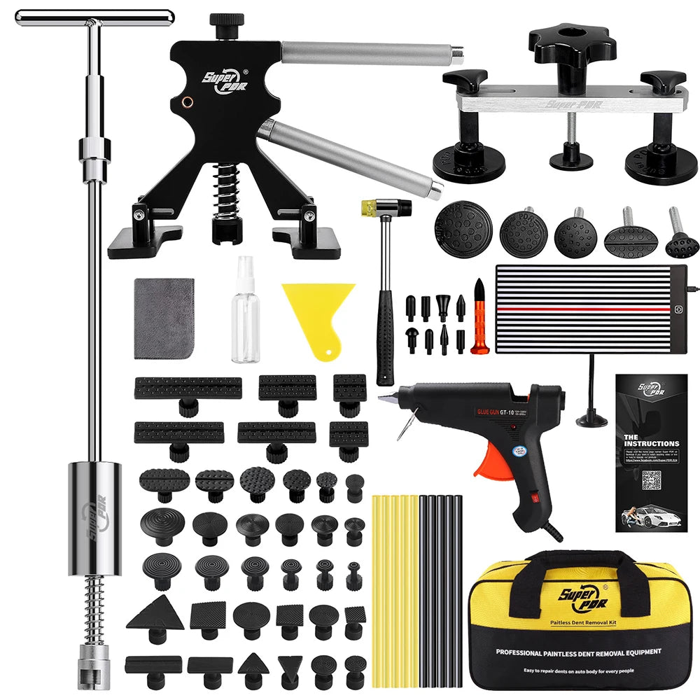 Black and silver Super PDR car dent repair kit with slide hammer, bridge puller, glue gun, tabs, and line board.