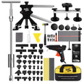 Super PDR car dent repair kit with black dent pullers, slide hammer, glue gun, pull tabs, line board, and yellow and black bag.