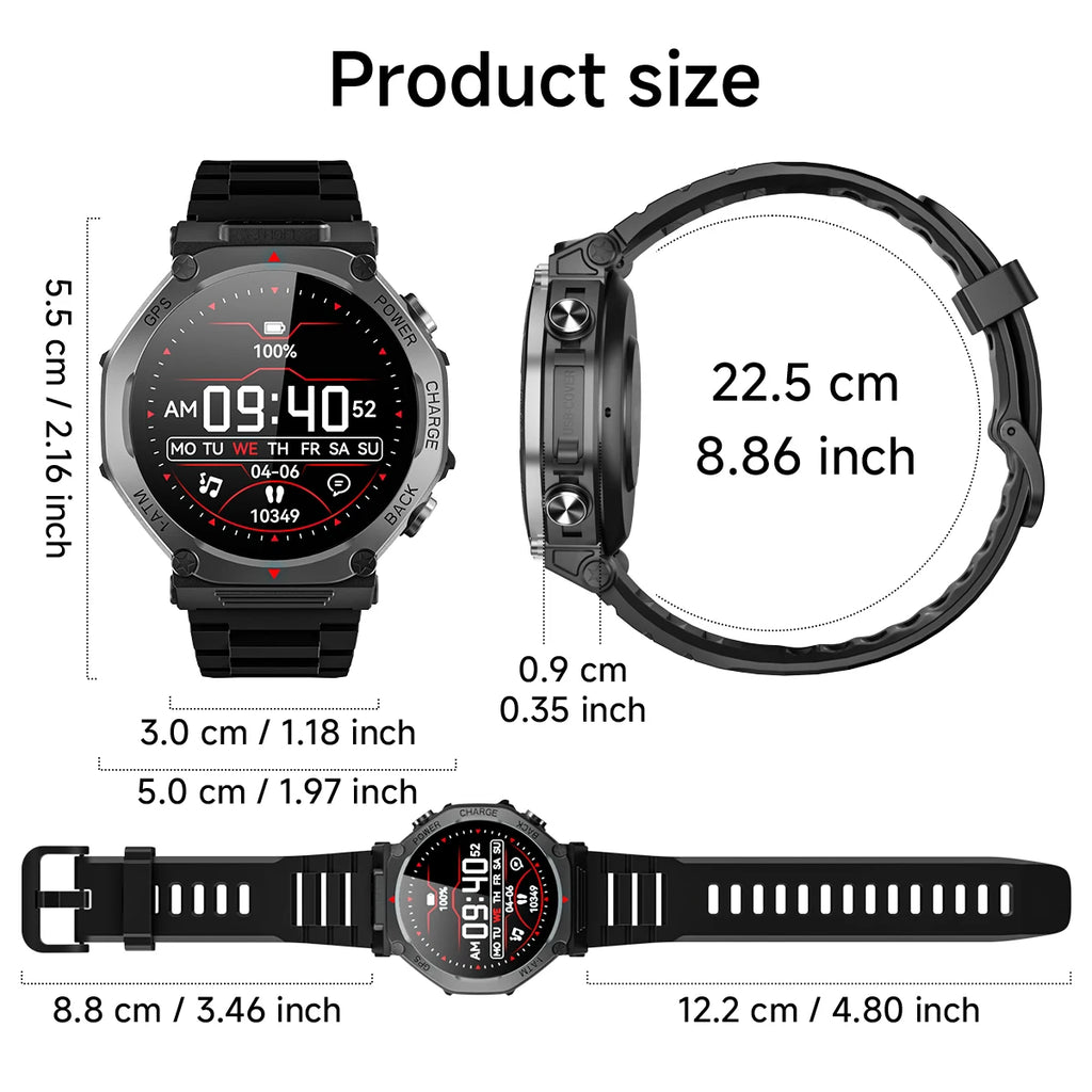 Black rugged smartwatch with a digital display, shown with dimensions, silicone strap, and side button details.