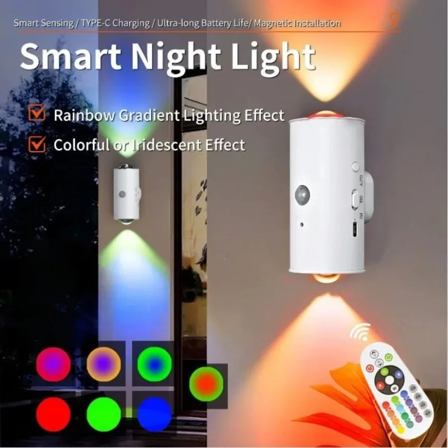 White smart motion-sensor LED light with colourful RGB gradient lighting, magnetic mounting, and remote control.