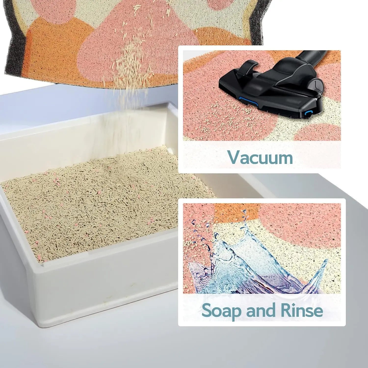 Anti-slip cat litter mat with a pink and orange abstract pattern, showing how to vacuum or wash it clean.