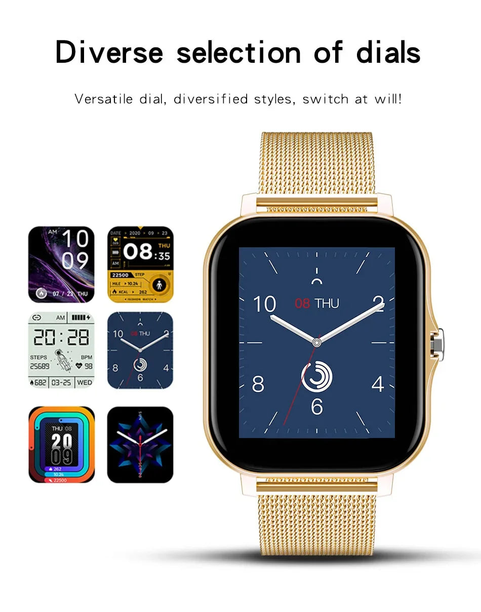 Gold-tone smartwatch with a metal mesh strap, showing a touchscreen display and a variety of customisable dial options.